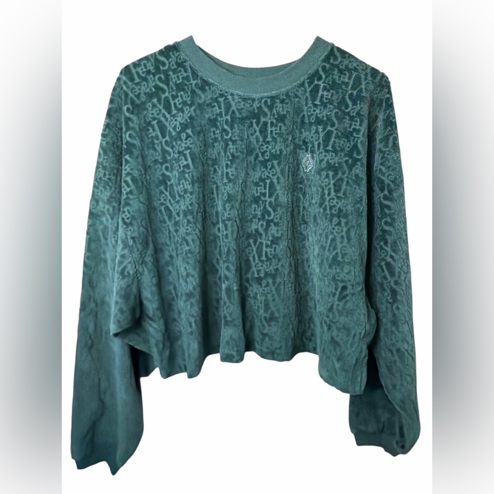 Savage X Fenty Green Signature Script Velour Crewneck Cropped Sweatshirt NWT